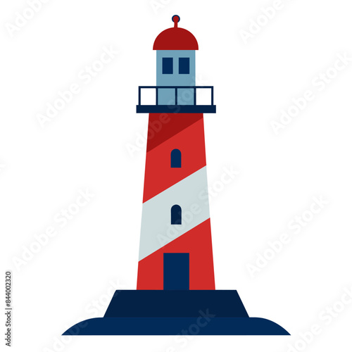 There is a red, white, and blue lighthouse standing on a white background