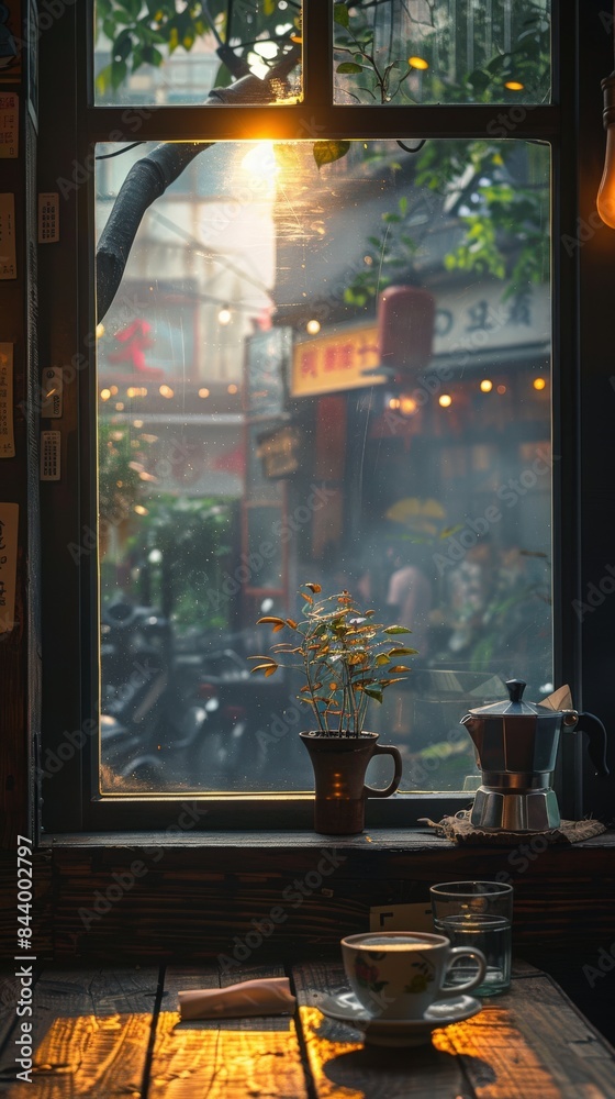 Cozy cafe window view with warm lighting, plants, and street scene outside. Rustic charm, perfect for reflective moments and relaxation. Cozy cafe window view with warm lighting, plants, and street scene outside. Rustic charm, perfect for reflective moments and relaxation.
