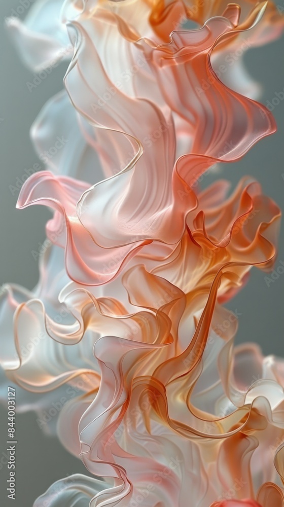 Soft, flowing ribbons of translucent peach, pink, and white hues, creating an abstract and delicate, ethereal pattern with gentle curves and intricate layers.