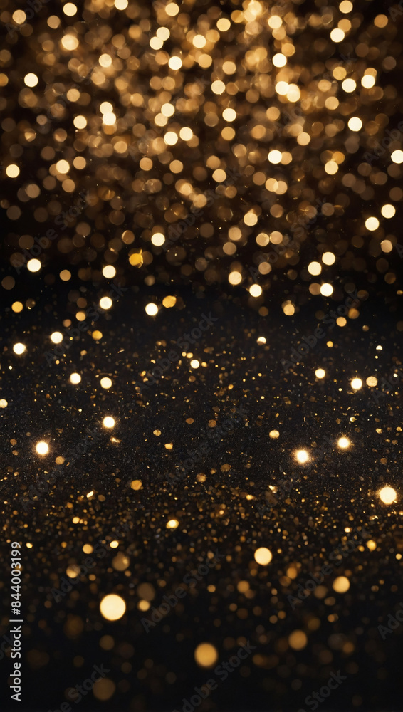 Luxurious black backdrop adorned with golden glitter and glowing bokeh, ideal for New Year and birthday festivities.