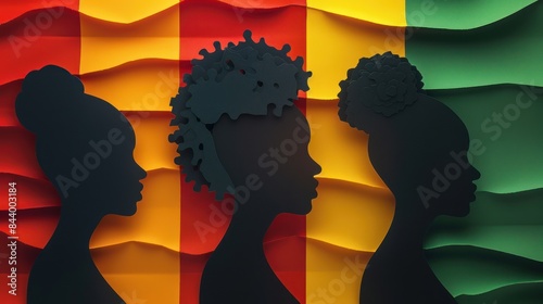 Abstract Geometric Black History Month Celebration with African American Silhouettes on Red, Yellow, Green Color Background photo