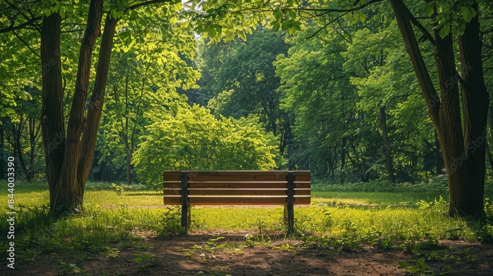 A wooden park bench surrounded 
