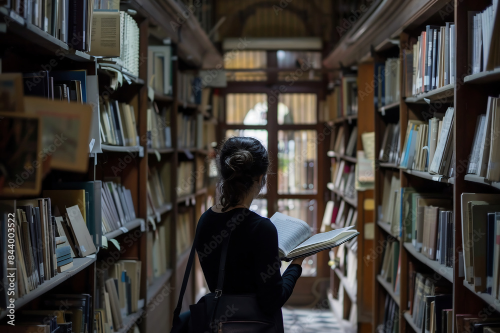 A Woman Stands In Library, Holding An Open Book And Reading It Intently While Surrounded By Shelves Filled With Various Books, Curiosity Focus Concentration Learning
A Woman Stands In Library, Holding An Open Book And Reading It Intently While Surrounded By Shelves Filled With Various Books, Curiosity Focus Concentration Learning