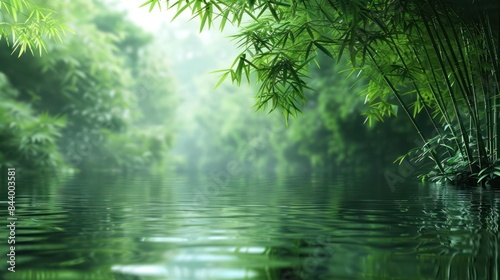 Bamboo Bliss  Serene Reflections of Lush Foliage on a Waterfront Background