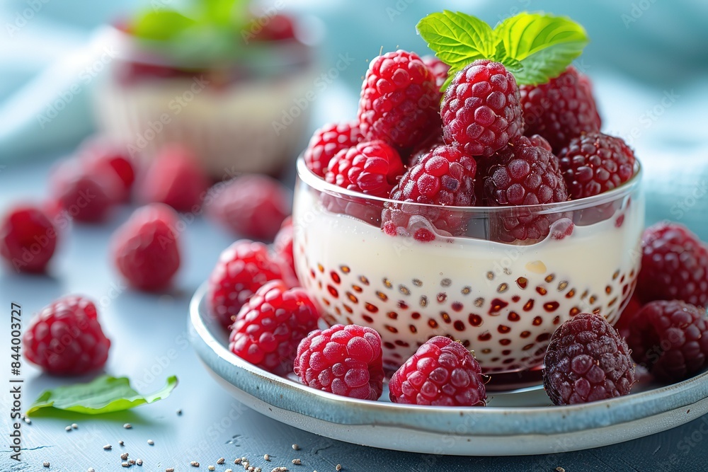 A bowl of red raspberries with a white cream sauce A bowl of red raspberries with a white cream sauce