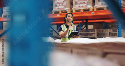 Tableau sur toile Man, tablet and inventory or warehouse inspection of cargo for ecommerce shipping, factory or production