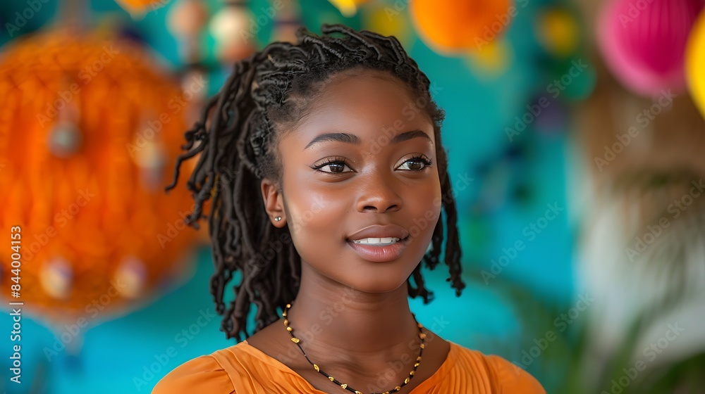young woman speaking at a Black History Month event surrounded by vibrant decorations young woman speaking at a Black History Month event surrounded by vibrant decorations