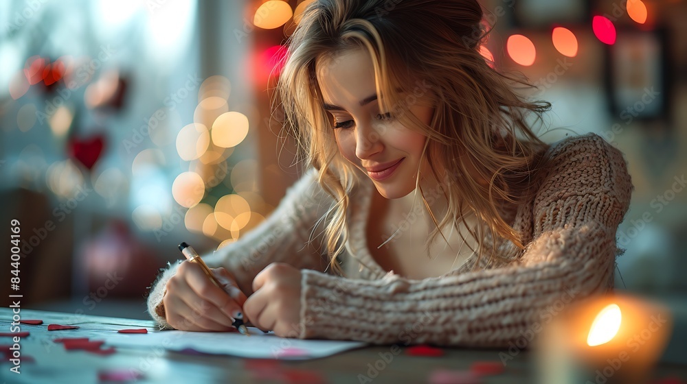 young woman writing a love letter on Valentine's Day