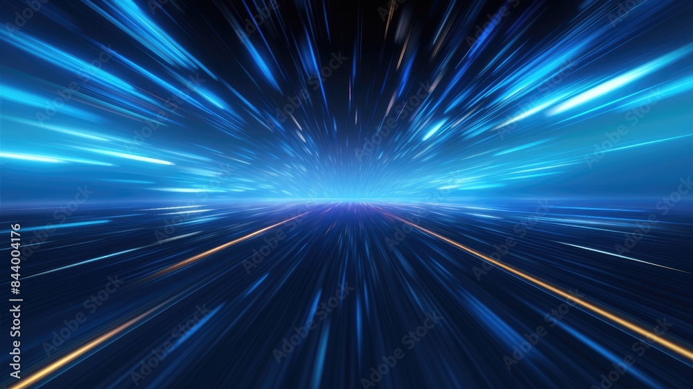Fototapeta premium Abstract background with intense blue light streaks radiating from a central point with black background. The swirling light curves inwards towards the center, creating a tunnel-like effect. AIG35.