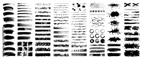 Big set of grunge textures, dirty artistic elements. frames, boxes, paint splatters, brush strokes. Vector isolated illustration. Art brushes are included. Backdrop for banners and headlines.