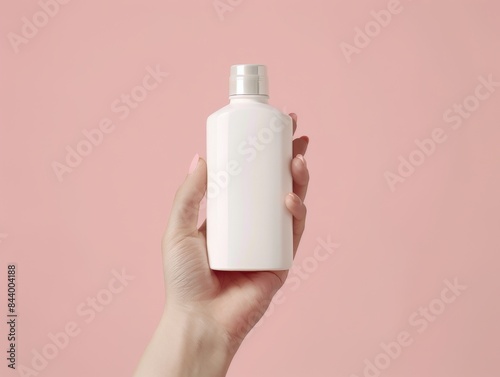 A woman's hand holding up an elegant white bottle of shampoo with no label against a pastel color background