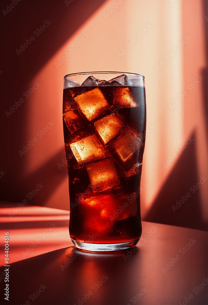 A glass of cola with ice cubes on a pink background.
A glass of cola with ice cubes on a pink background.