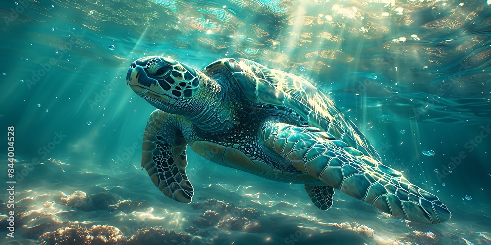 Fototapeta premium A serene underwater scene with a sea turtle gracefully swimming through sunlit waters, surrounded by bubbles and the ocean floor.