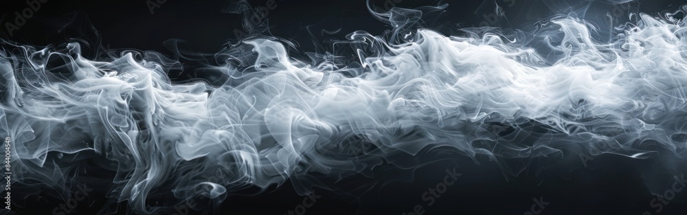 White Smoke Abstract Texture on Black Background - Wide Banner Isolated
