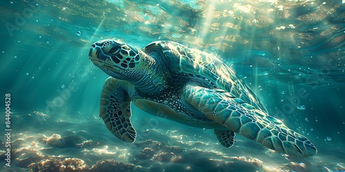 A serene underwater scene with a sea turtle gracefully swimming through sunlit waters, surrounded by bubbles and the ocean floor.