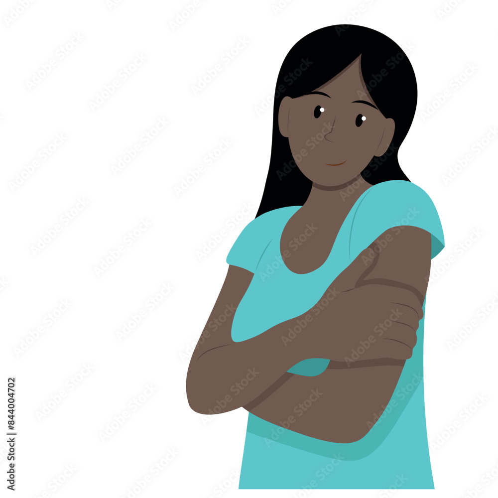 Portrait of a African American pensive girl with her arms folded on her chest, isolated on white, simple illustration, flat style, minimalism Portrait of a African American pensive girl with her arms folded on her chest, isolated on white, simple illustration, flat style, minimalism