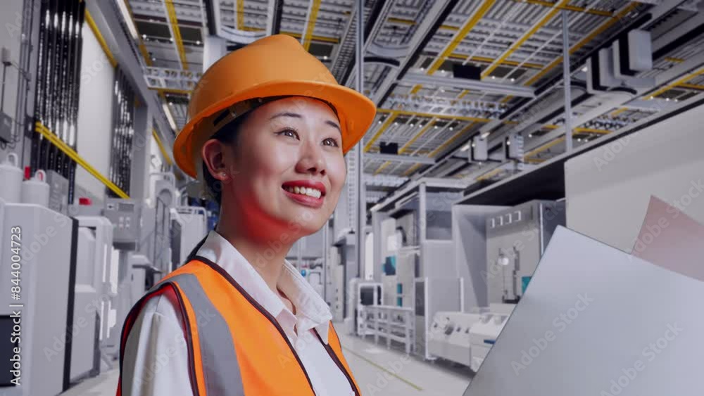Close Up Side View Of Asian Female Engineer With Safety Helmet Looking At Blueprint In Her Hands While Standing At Factory Digitalization Close Up Side View Of Asian Female Engineer With Safety Helmet Looking At Blueprint In Her Hands While Standing At Factory Digitalization