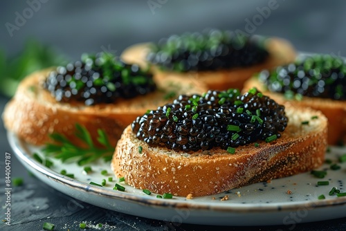 A plate of bread with black caviar on top