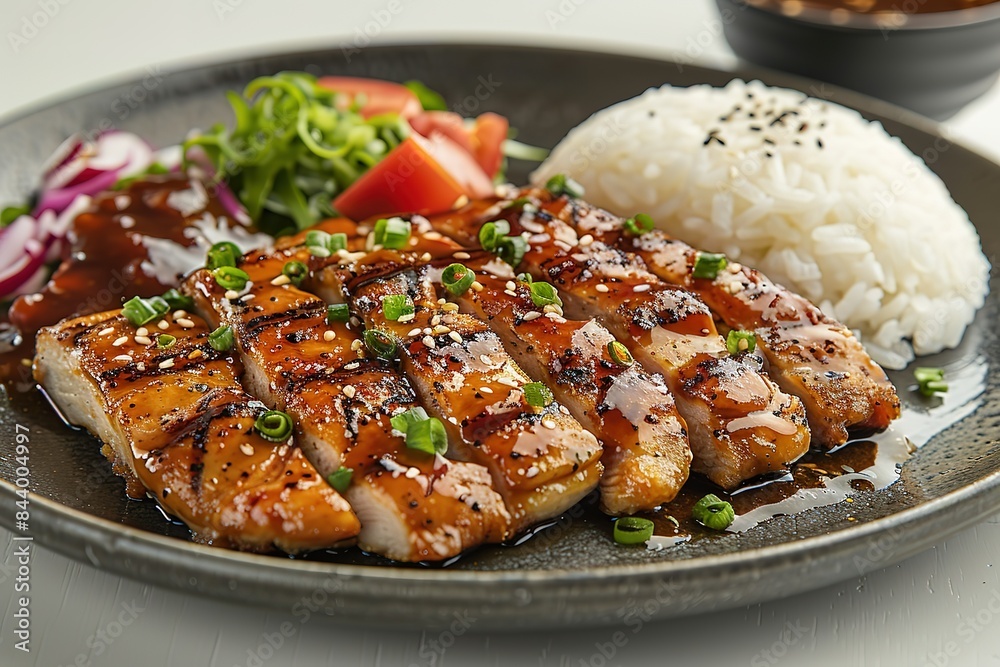 A plate of food with a piece of meat and rice A plate of food with a piece of meat and rice