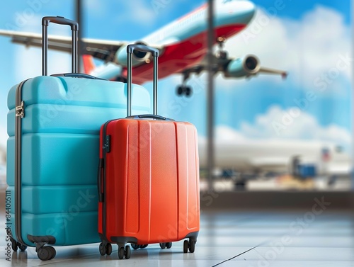 Two suitcases and travel accessories in front of an airport window with a blurred airplane in flight,