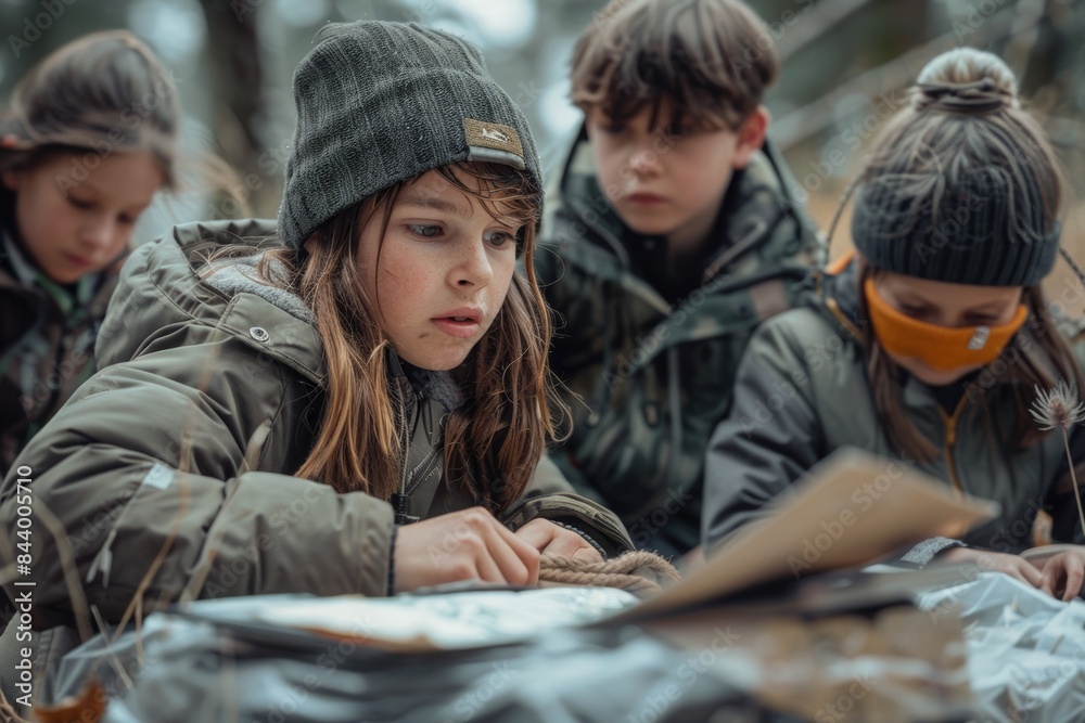 Children Learning Basic Survival Skills in a Forest Children Learning Basic Survival Skills in a Forest