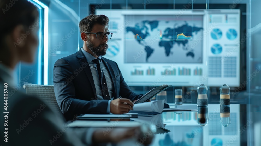 Business professionals analyzing data on futuristic screens in a modern office setting, emphasizing global market trends and analytics. Business professionals analyzing data on futuristic screens in a modern office setting, emphasizing global market trends and analytics.