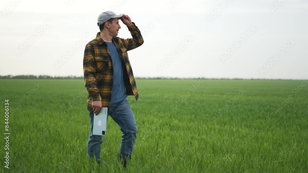 Farmer walks through green farm worker checks crops. Busy farm worker in field, modern agriculture scene. Farmer inspects lush farm crop uses tablet for work. Farm technology in action farmer work day