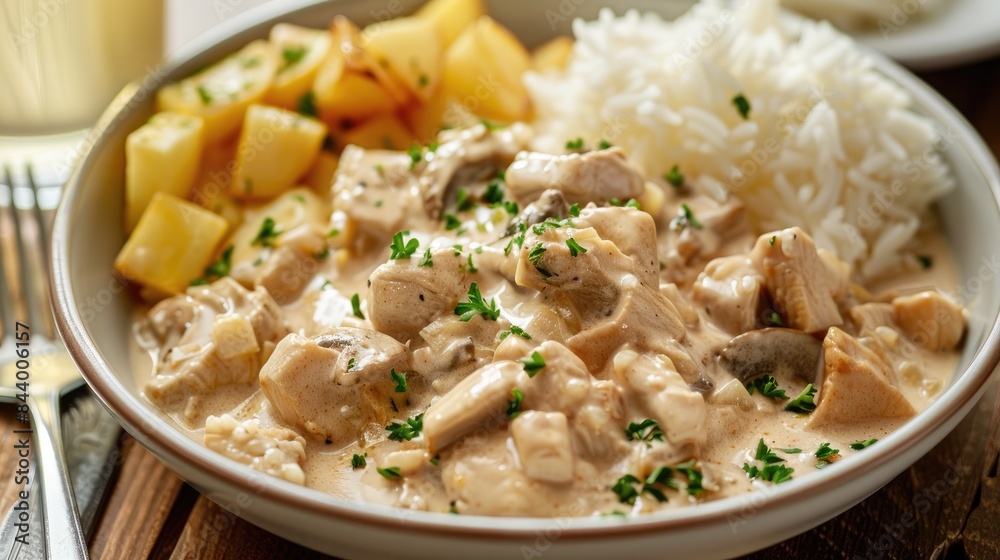 Chicken stroganoff served with rice and shredded potatoes Chicken stroganoff served with rice and shredded potatoes