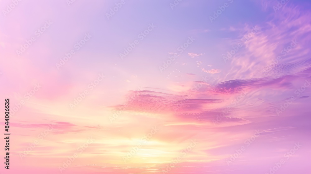 Gradient sky in pastel shades, soft clouds in pink and lavender, evoking a calm and ethereal mood