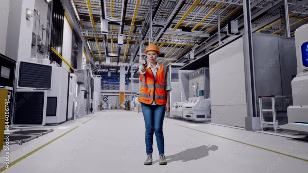 Full Body Of Asian Female Engineer With Safety Helmet Disapproving With No Index Finger Sign While Standing At Factory Digitalization Full Body Of Asian Female Engineer With Safety Helmet Disapproving With No Index Finger Sign While Standing At Factory Digitalization