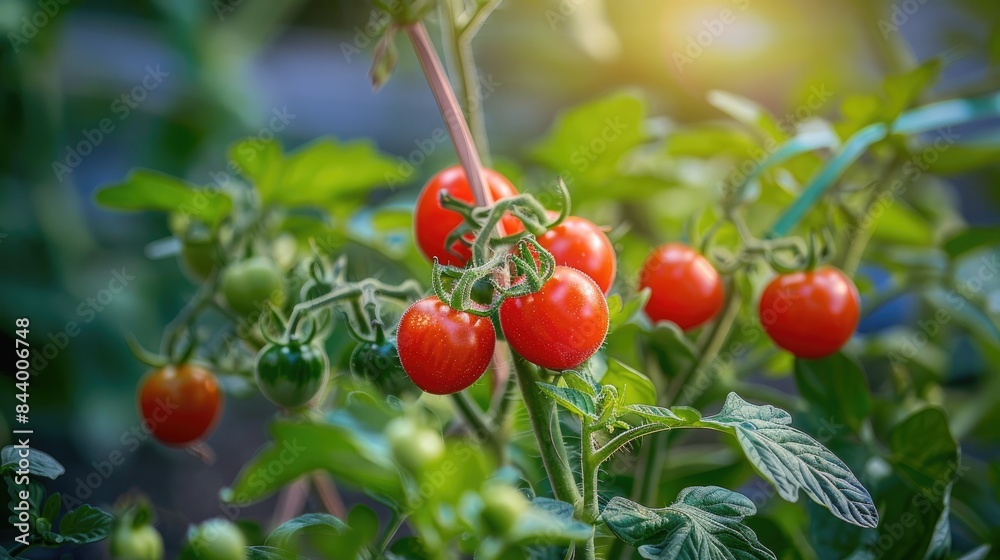 Close up image of young cherry tomatoes growing in the garden Close up image of young cherry tomatoes growing in the garden