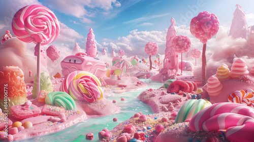 fantastical candyland with pink landscapes and colorful sweets, whimsical and fun