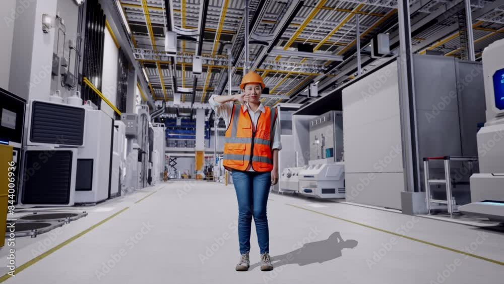 Full Body Of Asian Female Engineer With Safety Helmet Showing Thumbs Down Gesture And Shaking Her Head While Standing At Factory Digitalization Full Body Of Asian Female Engineer With Safety Helmet Showing Thumbs Down Gesture And Shaking Her Head While Standing At Factory Digitalization
