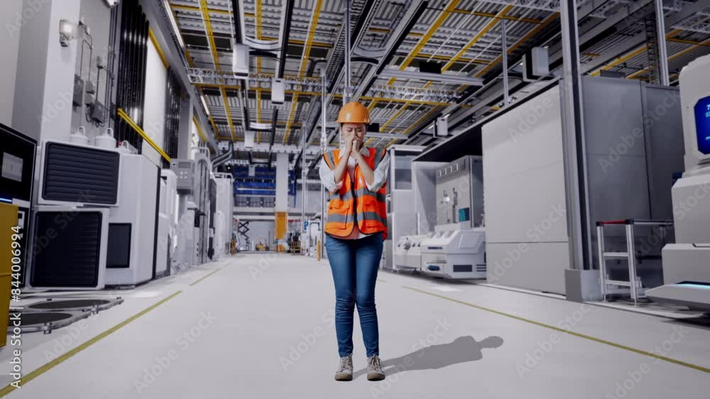 Full Body Of Asian Female Engineer With Safety Helmet Pray For Something While Standing At Factory Digitalization Full Body Of Asian Female Engineer With Safety Helmet Pray For Something While Standing At Factory Digitalization