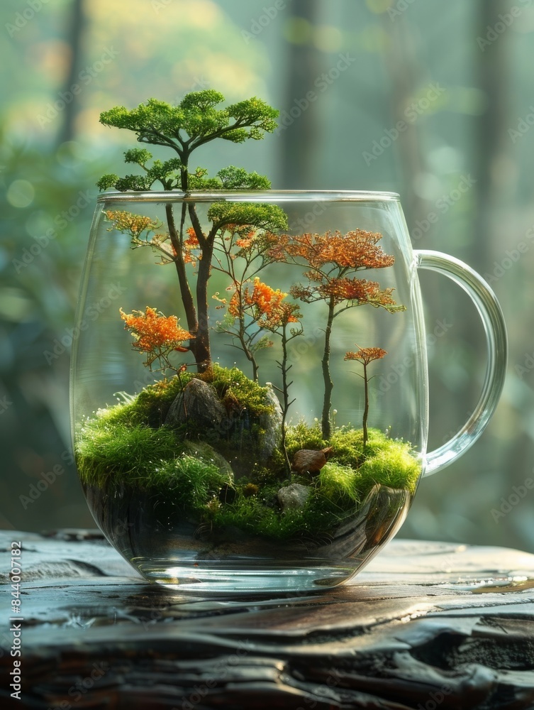 A creative setup displaying a small arrangement of moss, stones, and miniature trees inside a clear glass mug, giving the illusion of a tiny forest A creative setup displaying a small arrangement of moss, stones, and miniature trees inside a clear glass mug, giving the illusion of a tiny forest