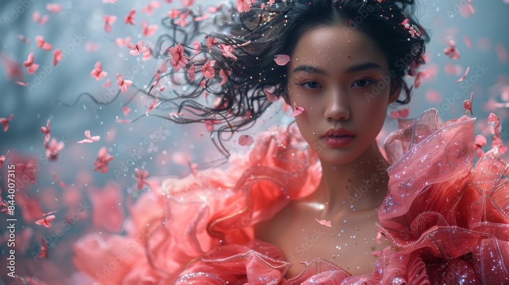 A surreal image of a beautiful woman engulfed in fluttering petals, symbolizing beauty, nature, and fantasy A surreal image of a beautiful woman engulfed in fluttering petals, symbolizing beauty, nature, and fantasy