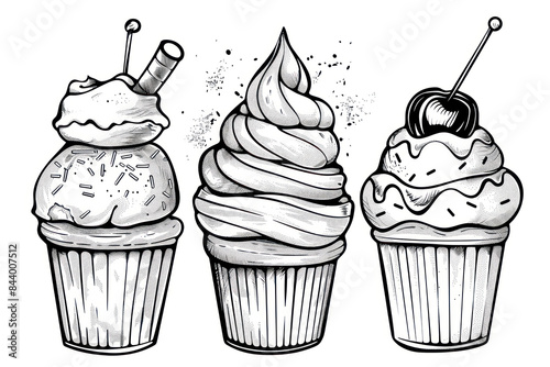 Cute dessert sweets food cupcake and ice cream drawing coloring page.