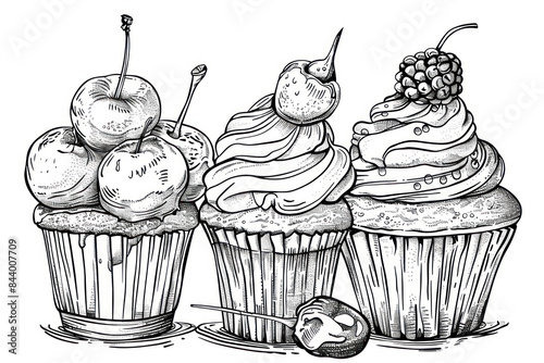 Cute dessert sweets food cupcake and ice cream drawing coloring page.