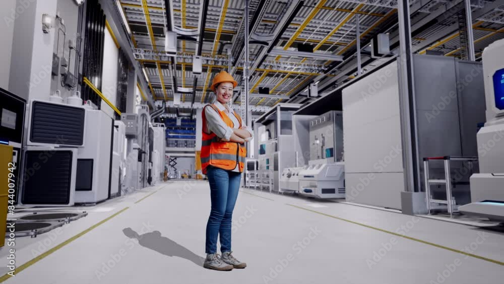 Full Body Side View Of Asian Female Engineer With Safety Helmet Crossing Her Arms And Looking Around While Standing At Factory Digitalization Full Body Side View Of Asian Female Engineer With Safety Helmet Crossing Her Arms And Looking Around While Standing At Factory Digitalization