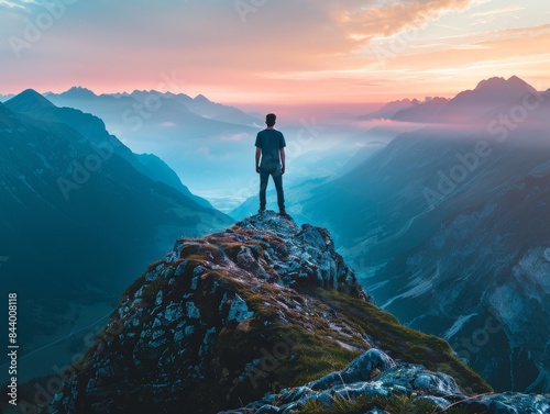 A man standing on top of the mountain, overlooking the valley below him in a foggy morning, in the style of a cinematic shot during the golden hour, with mountains in the background
