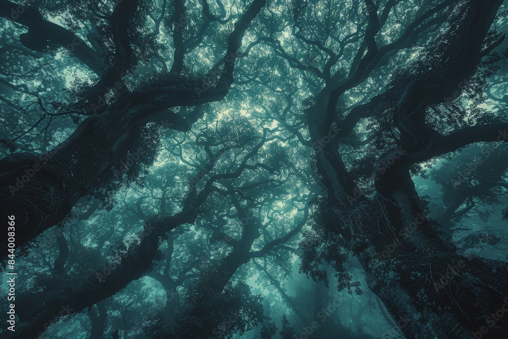 Fototapeta premium Towering Trees in a Foggy Forest