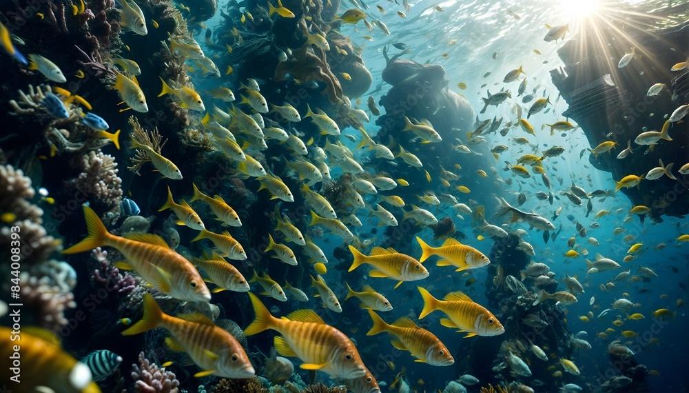 Obraz premium The image captures a vibrant underwater scene, featuring a large school of yellow fish swimming amidst coral and other marine life.