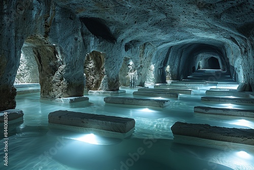 A photograph showcasing the calm, crystal-clear water of an underground lake in a salt mine