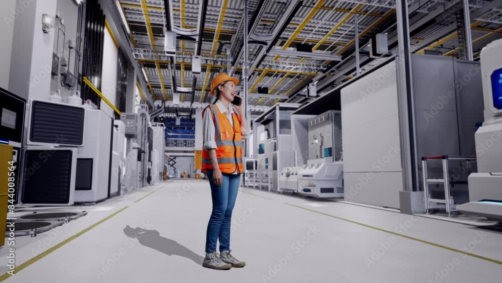 Full Body Side View Of Asian Female Engineer With Safety Helmet Talking On Smartphone While Standing At Factory Digitalization