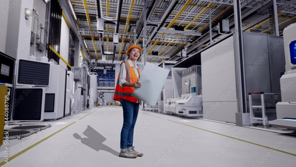 Full Body Side View Of Asian Female Engineer With Safety Helmet Looking At Blueprint In Her Hands And Looking Around While Standing At Factory Digitalization