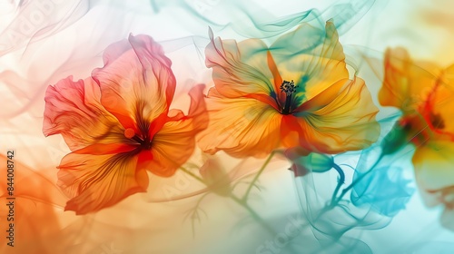 Two orange hibiscus flowers with yellow centers. The flowers are surrounded by a soft  white light. The background is a gradient of orange and yellow.