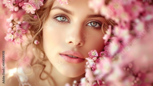 Beautiful young woman with blonde hair and blue eyes surrounded by delicate pink flowers.