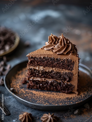 A slice of rich, decadent chocolate cake with frosting on a dark plate, perfect for dessert enthusiasts and chocolate lovers.