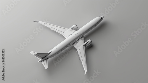 A 3D rendering of a generic passenger airplane with a white body and gray wings from a top down view. photo