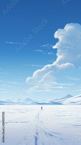 A lonely wanderer treks across a vast, snow-covered landscape under a clear blue sky with a stunning cloud formation. Solitude meets nature's beauty.